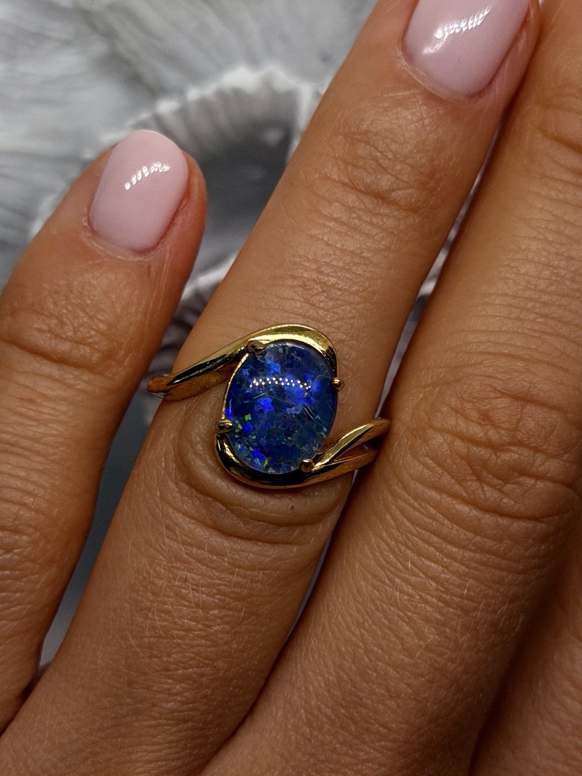 925 Sterling Silver Gold Plated Blue Opal Oval Ring Size 6