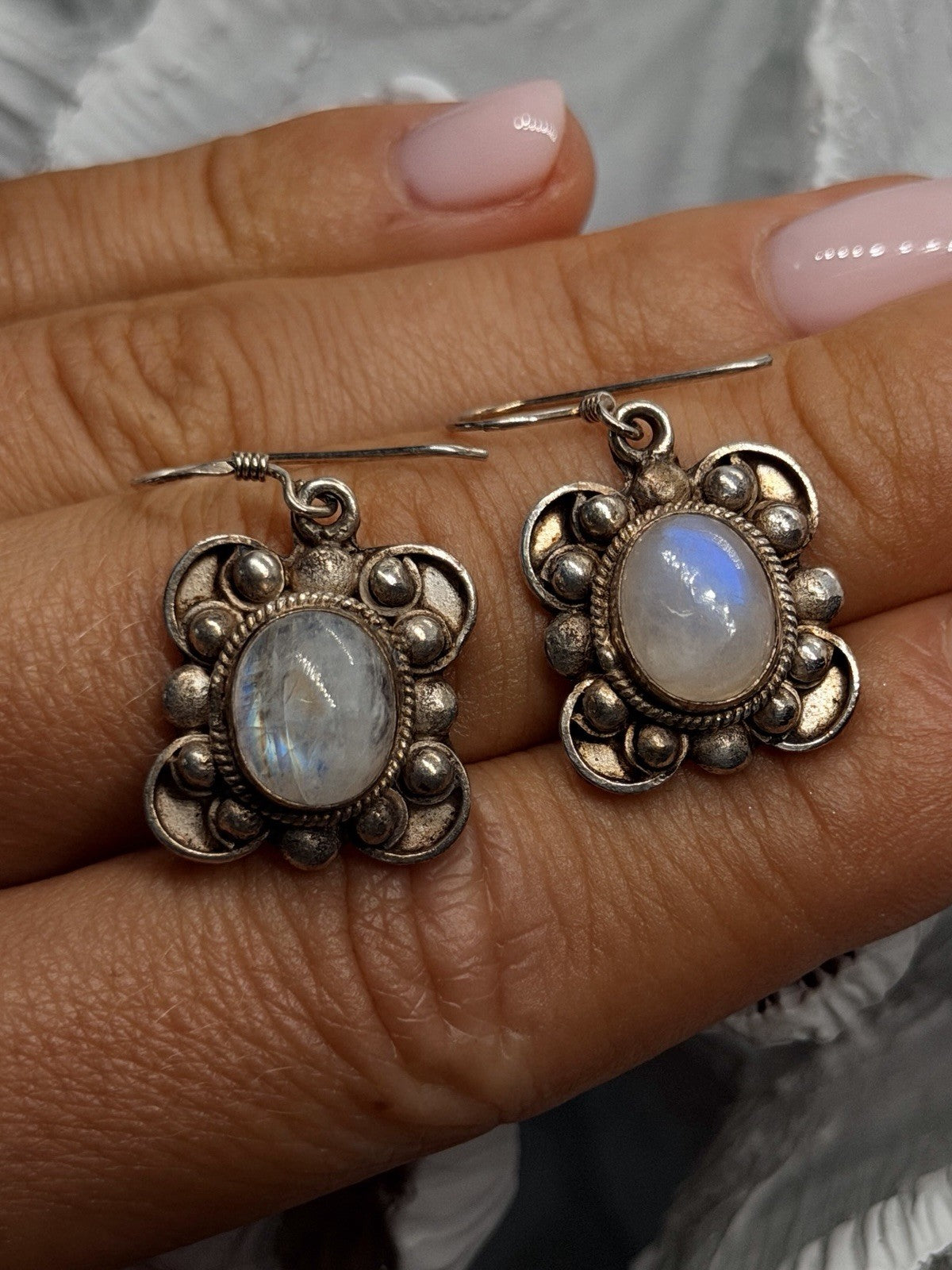 Vintage 925 Sterling Silver Rainbow Moonstone Floral Dangle Earrings
