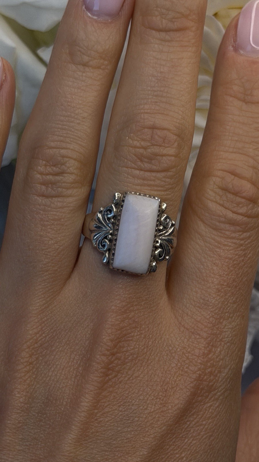 Ornate Art Deco Style 925 Sterling Silver Pink Abalone Ring Size 8.5