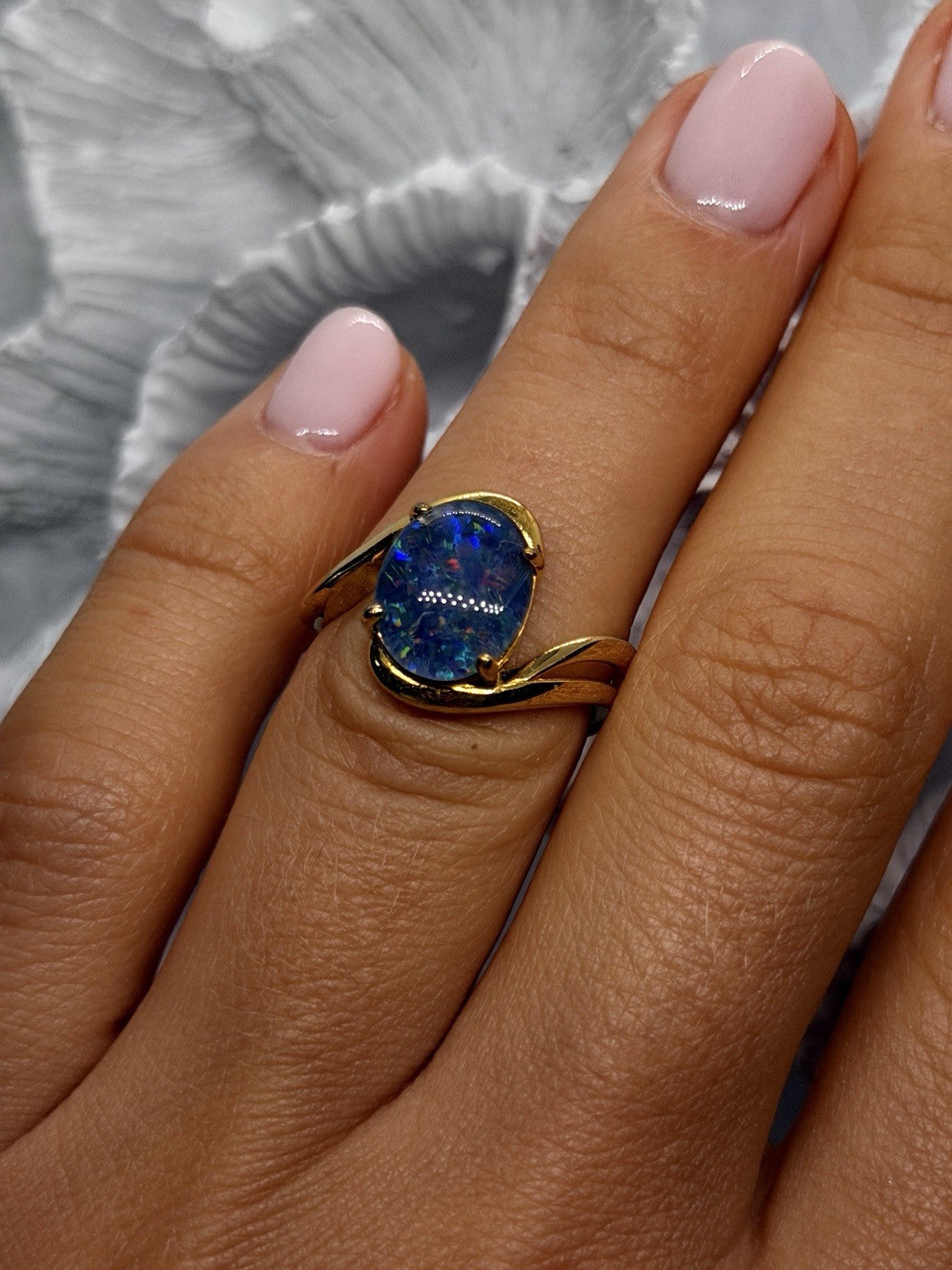 925 Sterling Silver Gold Plated Blue Opal Oval Ring Size 6