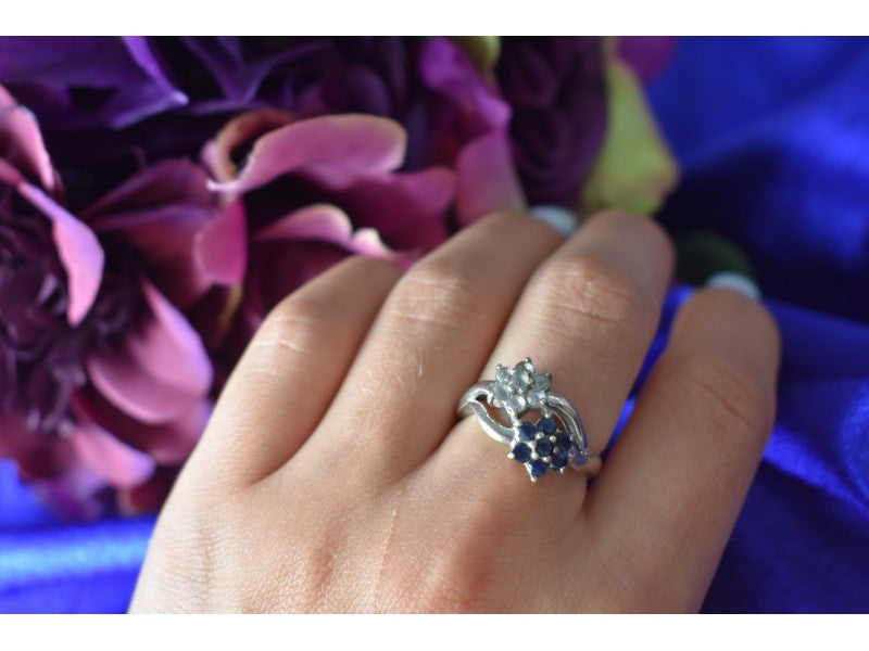925 Sterling Silver Blue Spinel "Flowers" Ring Size 8