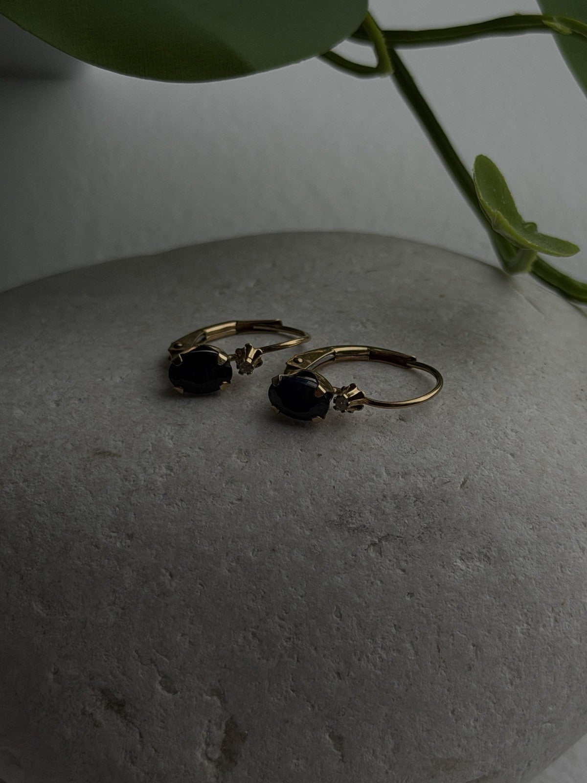 10K Yellow Gold Dark Blue Sapphire & Diamond Lever back Earrings