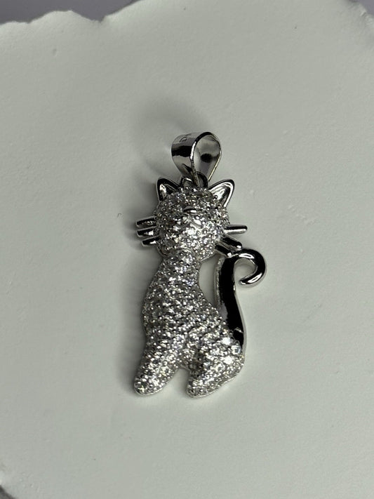 925 Sterling Silver Cat CZ Pendant Length 1.3 Inch
