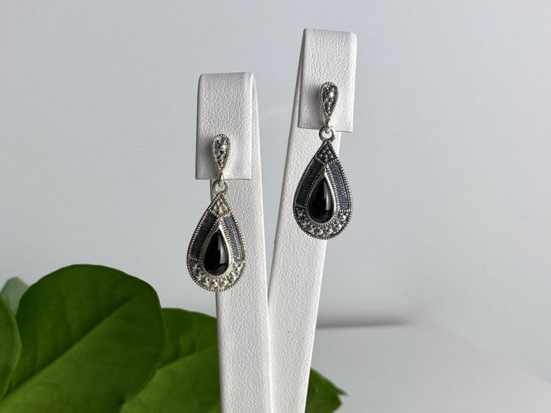 Vintage 925 Sterling Silver Onyx Stud Earrings