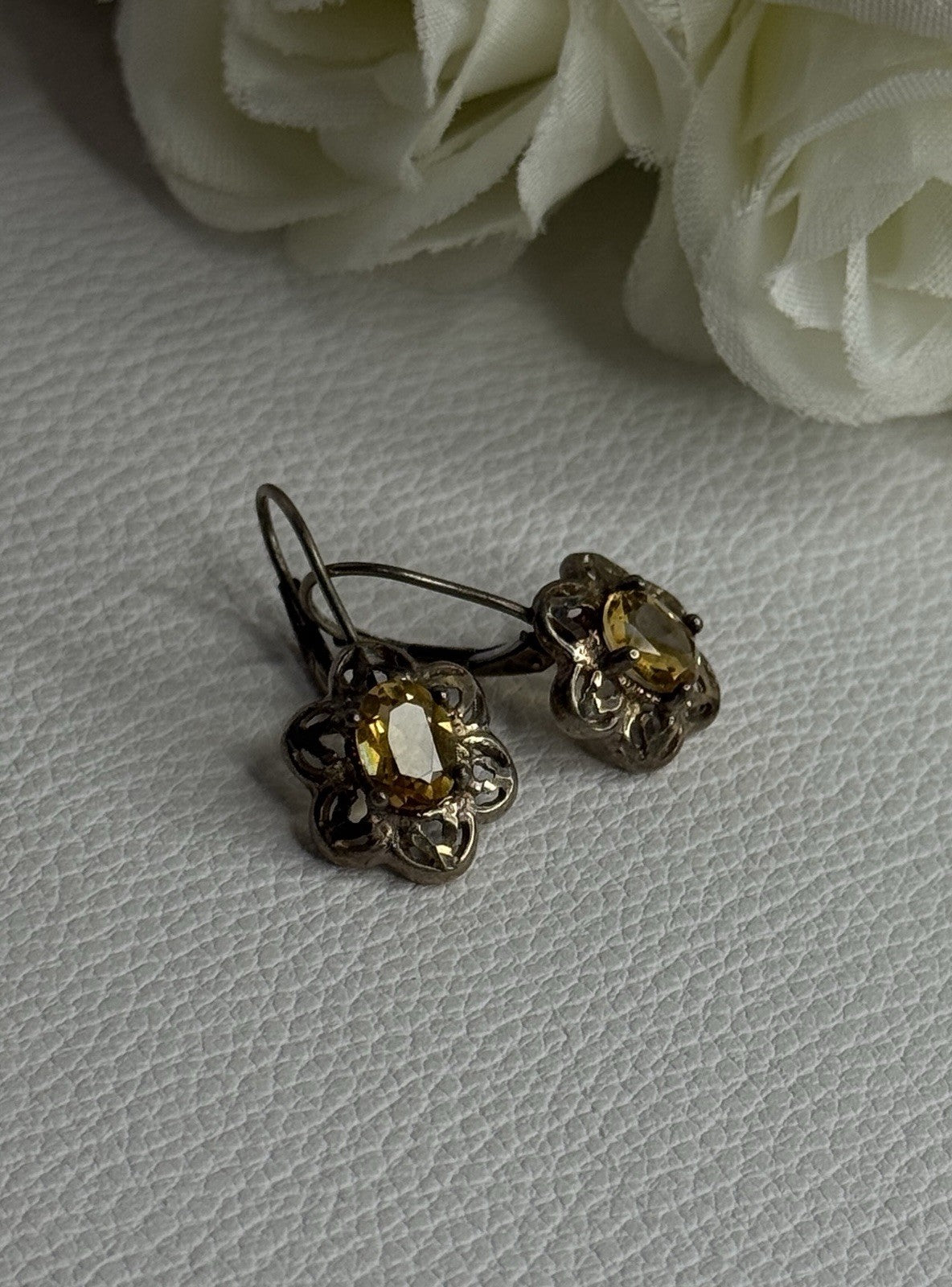 925 Sterling Silver Citrine Flower Earrings Length 1 Inch