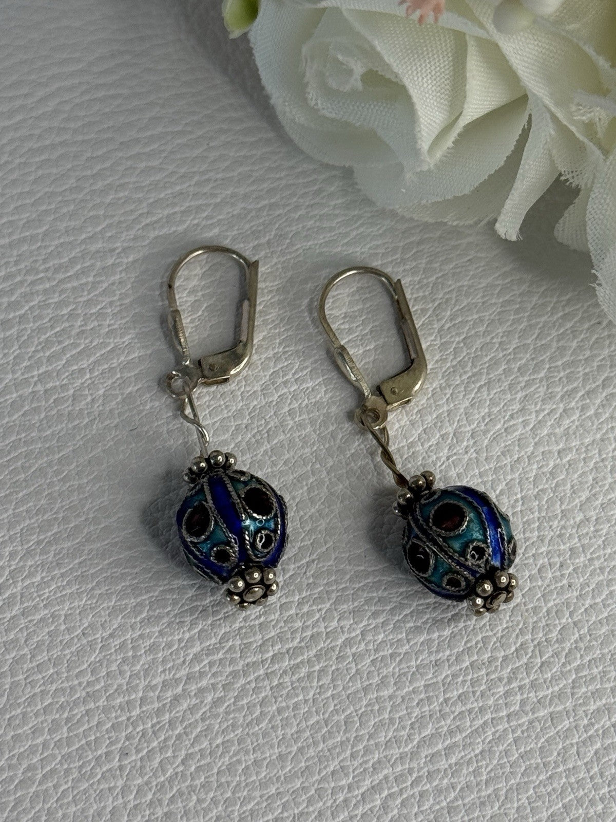 Antique Art Deco 925 Sterling Silver Unique Enamel Earrings Length 1.50 Inch