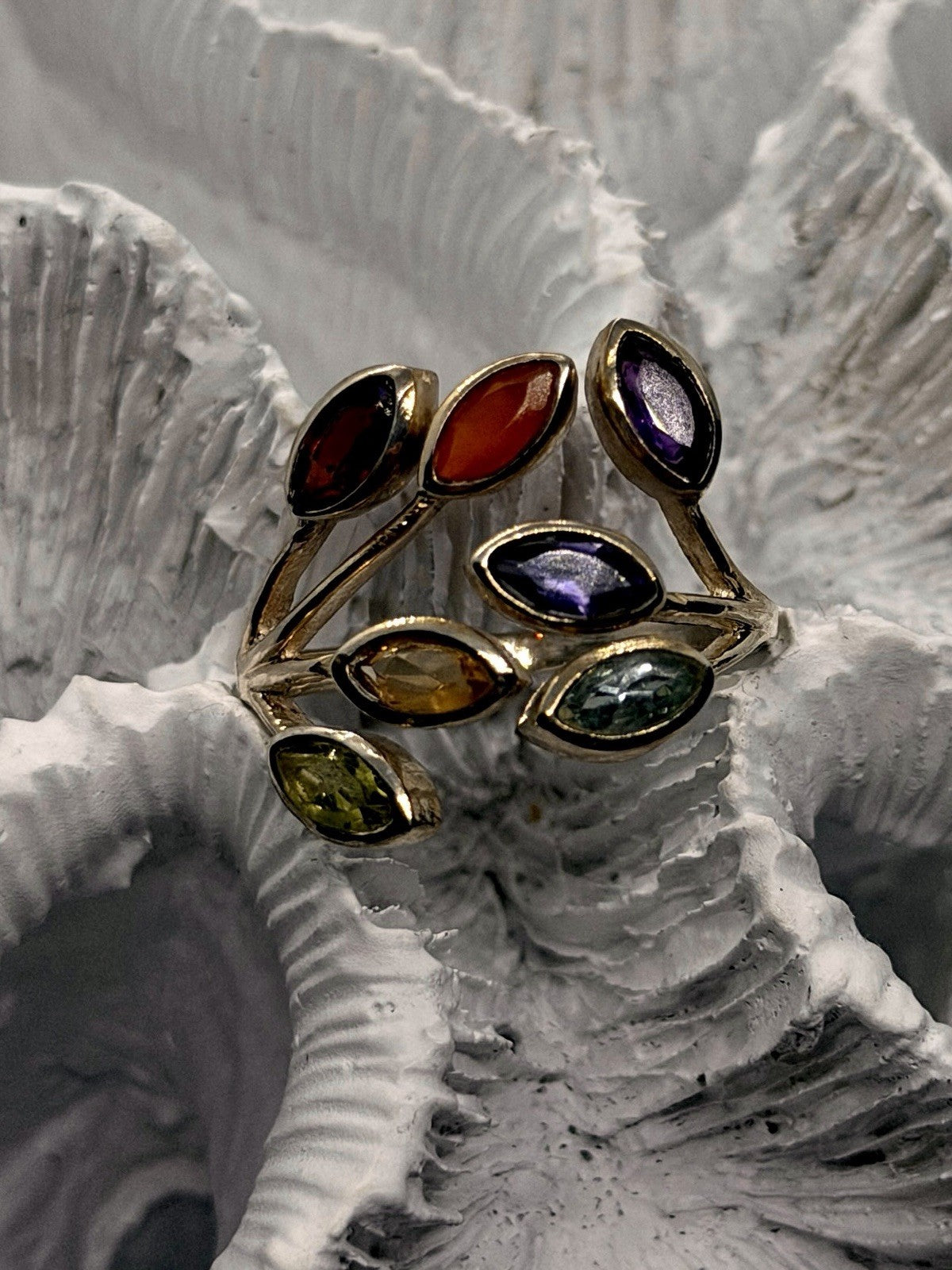 Adjustable 925 Sterling Silver Multi Color Ring Floral Design