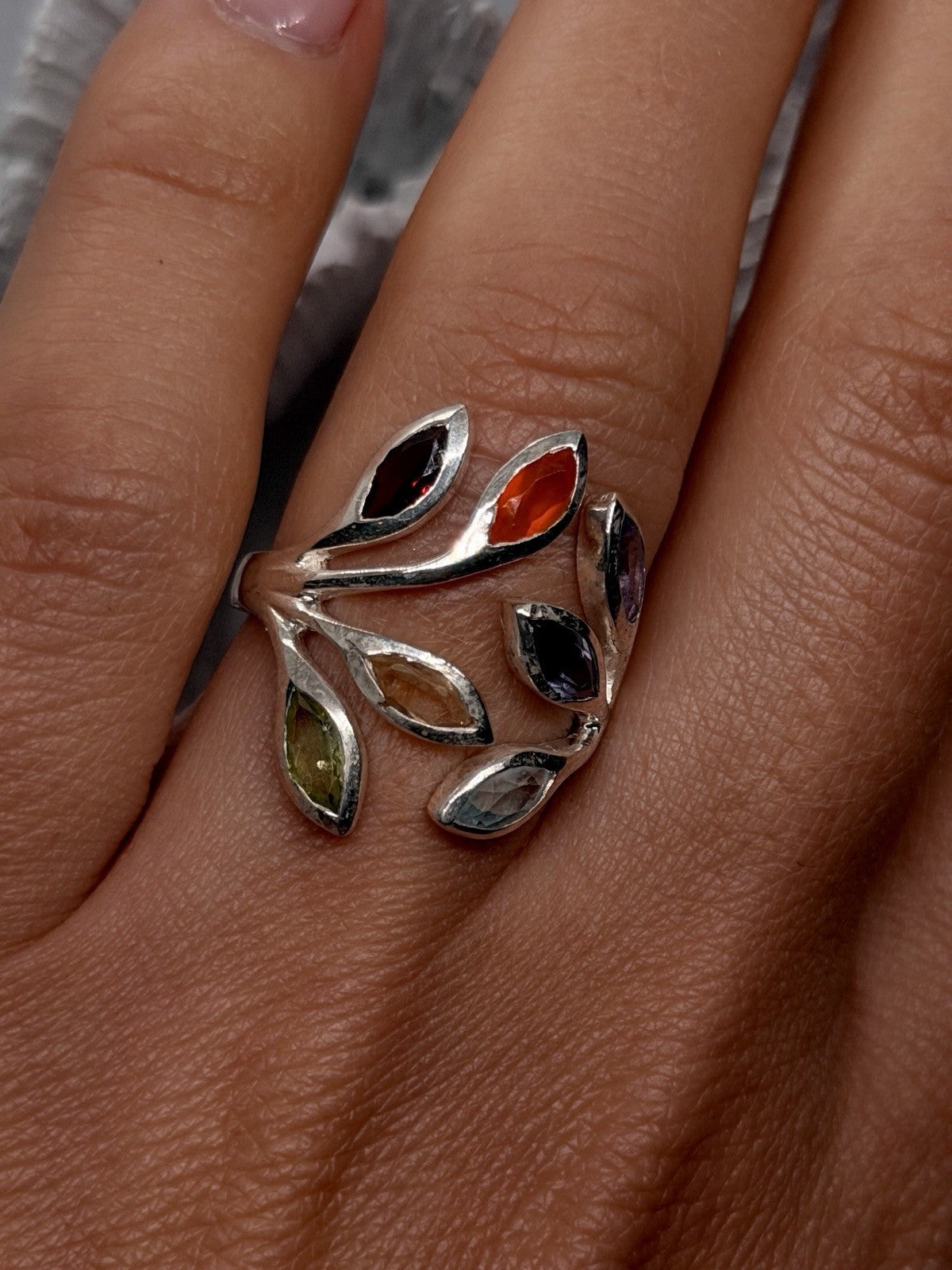 Adjustable 925 Sterling Silver Multi Color Stones Rainbow Ring