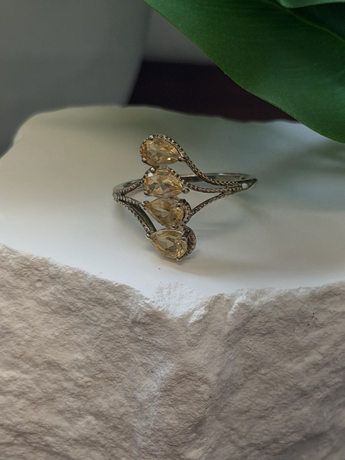 925 Sterling Silver Pear Cut 4 Stones Yellow Citrine Ring Size 10
