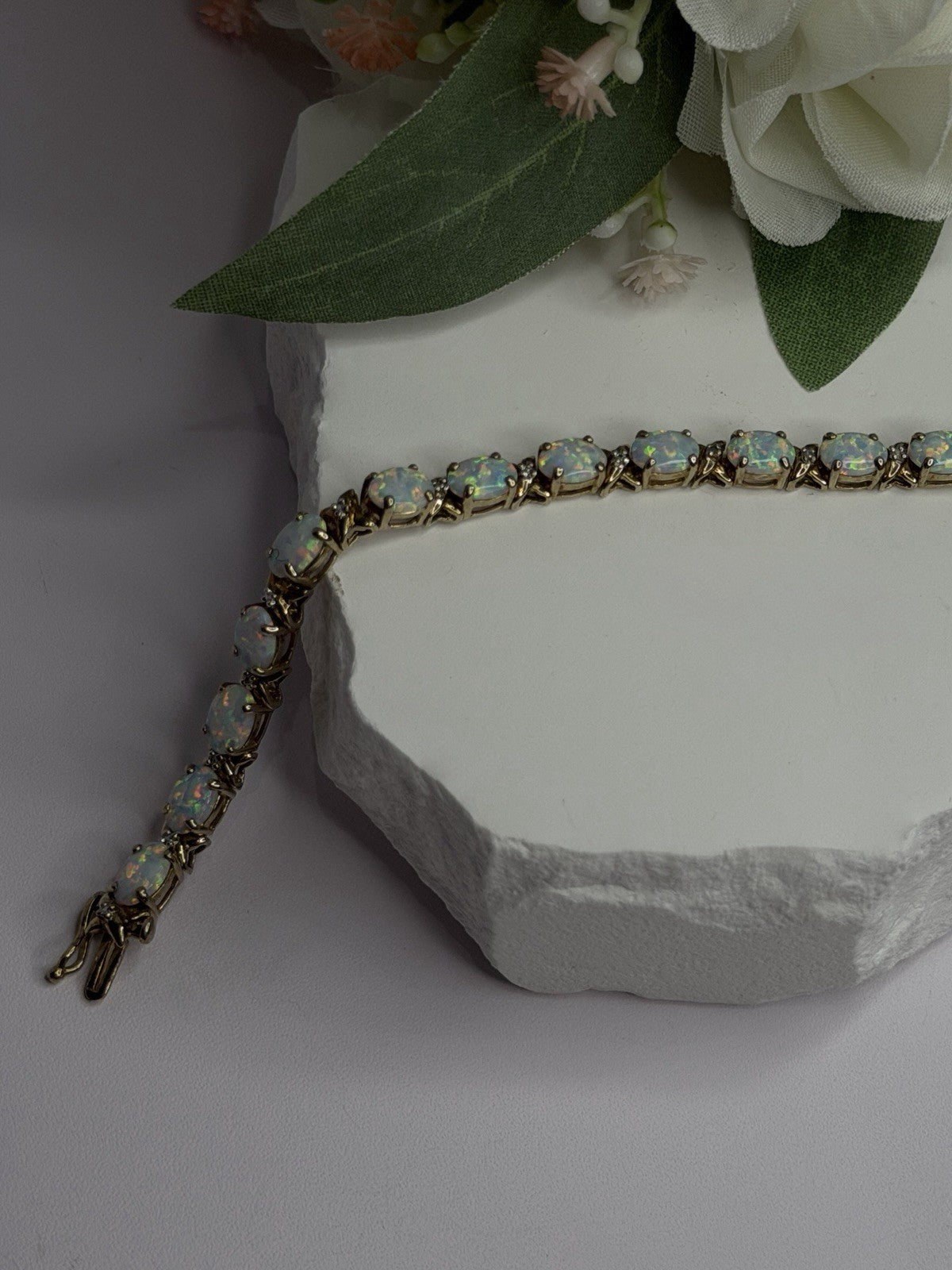 925 Sterling Silver Gold Plated Shiny Opal Bracelet Size 7