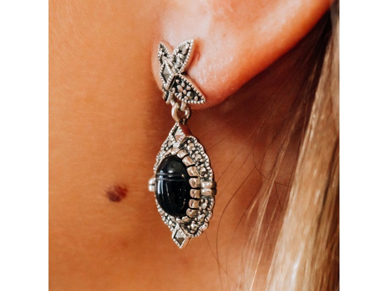 Vintage 925 Sterling Silver Onyx & Marcasites Earrings