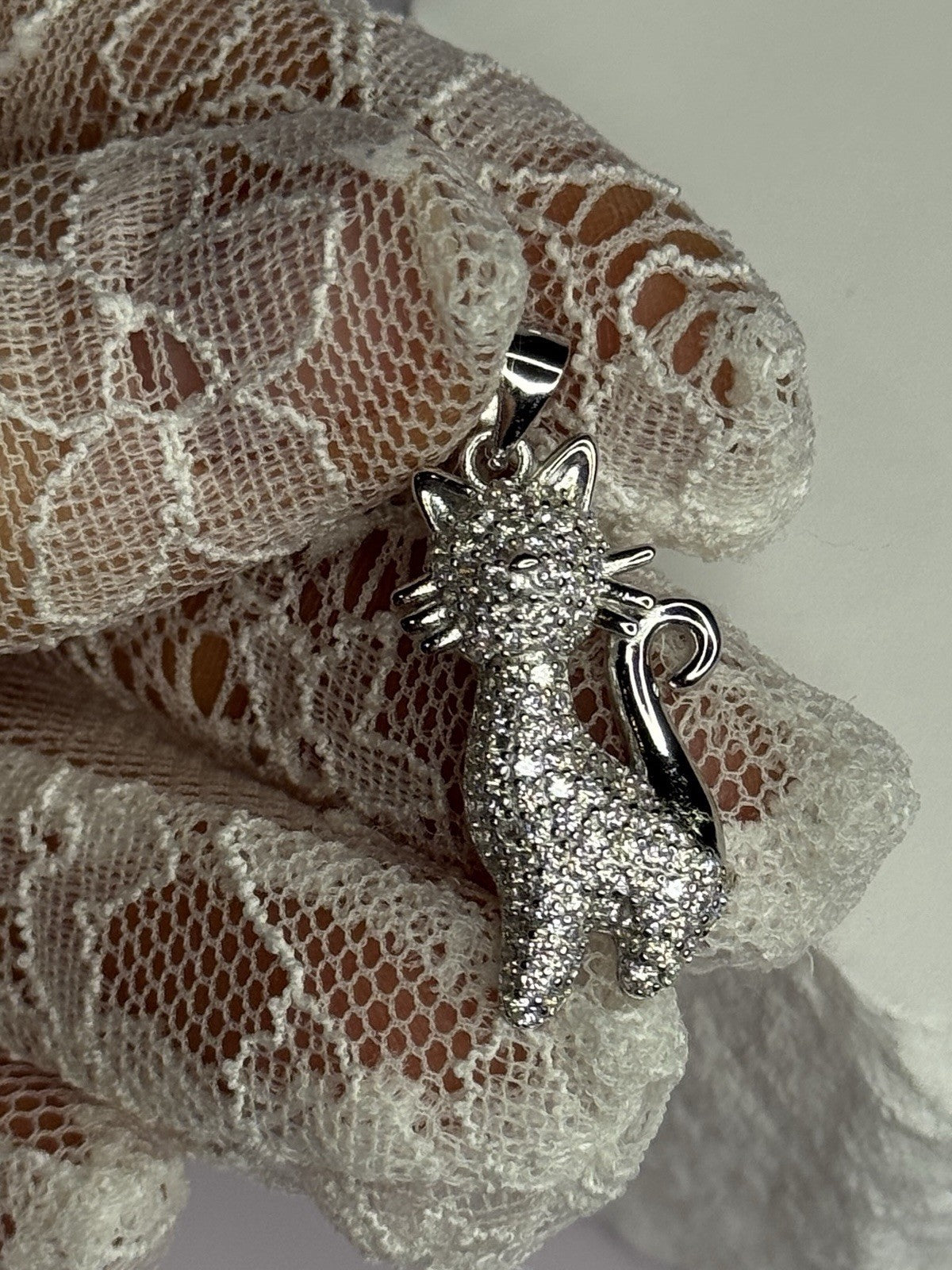 925 Sterling Silver Cat CZ Pendant Length 1.3 Inch