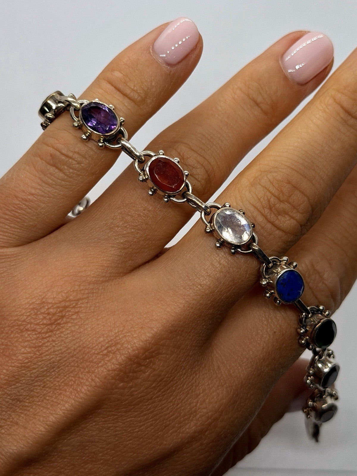 Vintage 925 Sterling Silver Multi-Gemstone Oval Link Bracelet Size 7