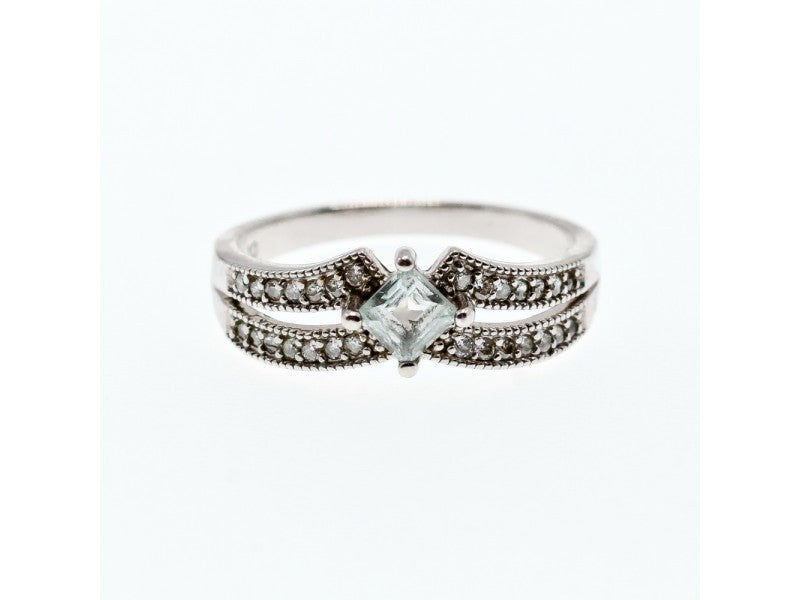 925 Sterling Silver Aquamarine & CZ Ring Size 11