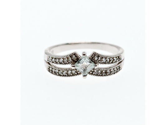 925 Sterling Silver Aquamarine & CZ Ring Size 11