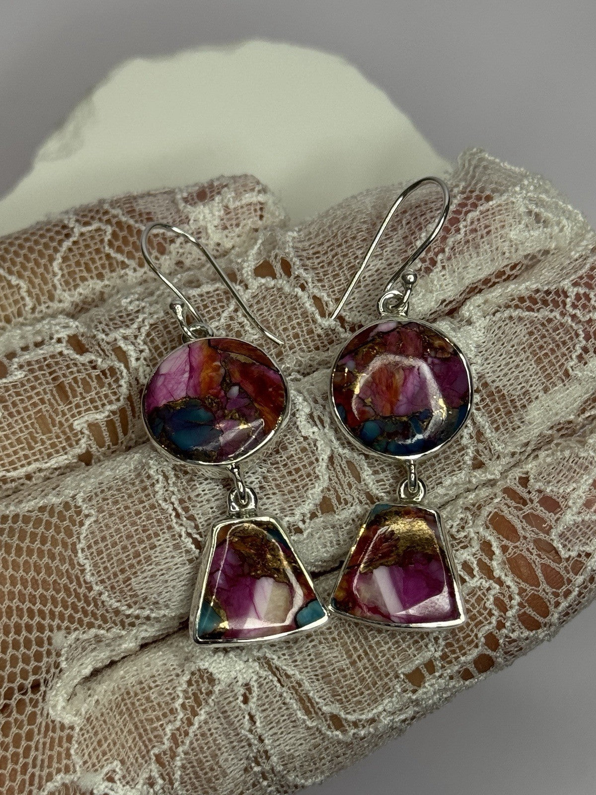 925 Sterling Silver Pink Oyster Turquoise Earrings Length 2 Inch