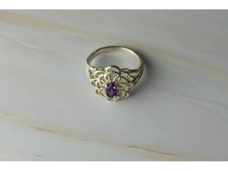 925 Sterling Silver Amethyst "Openwork" Ring Size 8