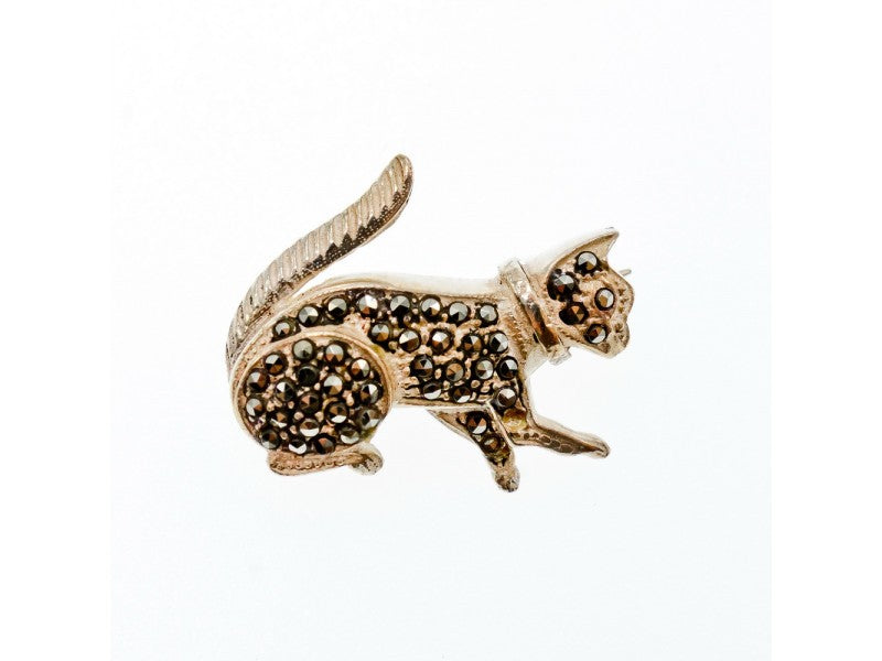 925 Sterling Silver Black Quartz (Morion) "Cat" Brooch