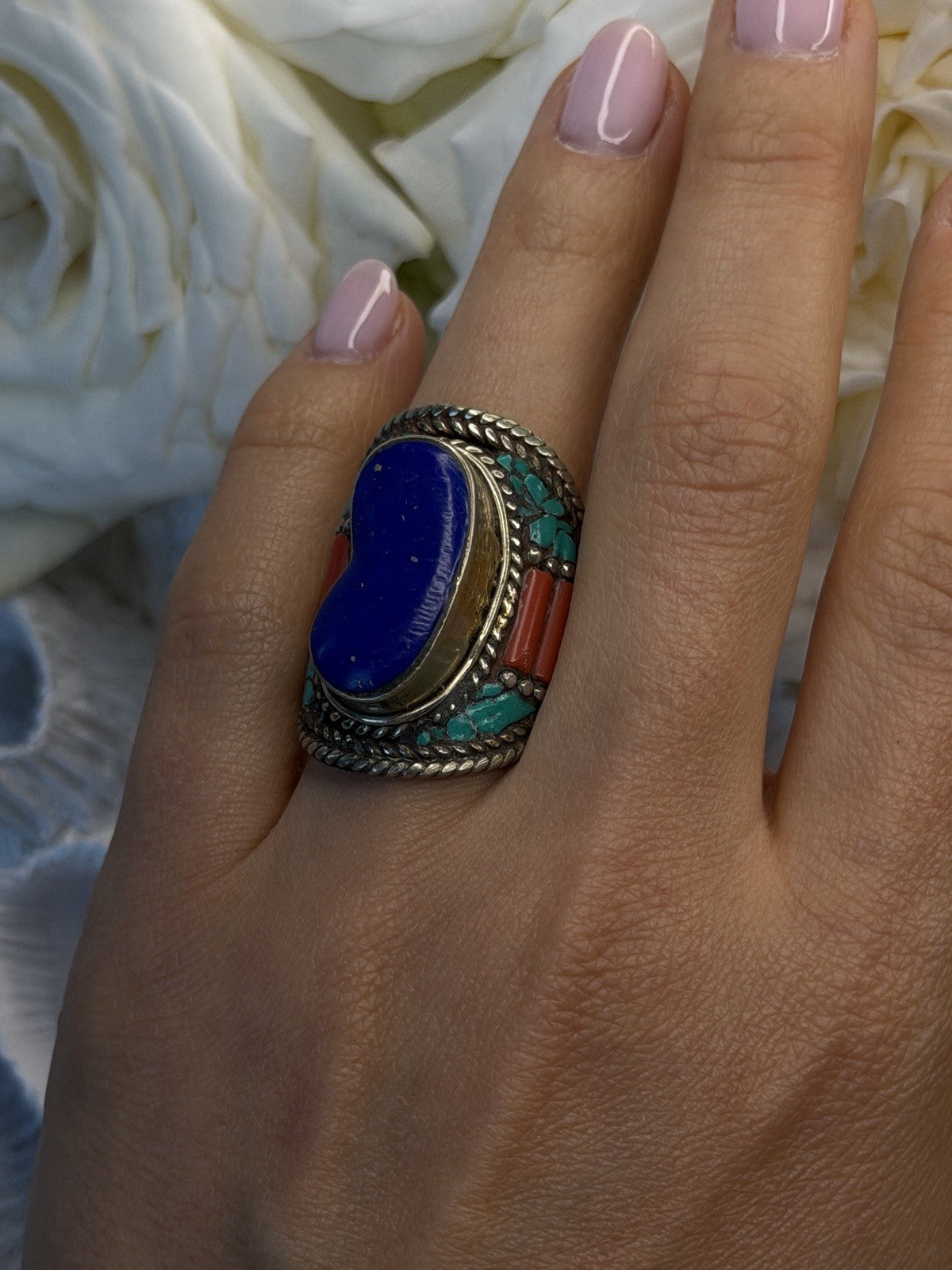 Vintage 925 Sterling Silver Lapis Lazuli Turquoise Coral Ring Size 7.5