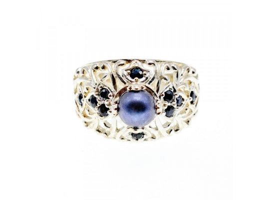 925 Sterling Silver Pearl & Sapphires Ring Size 6.75