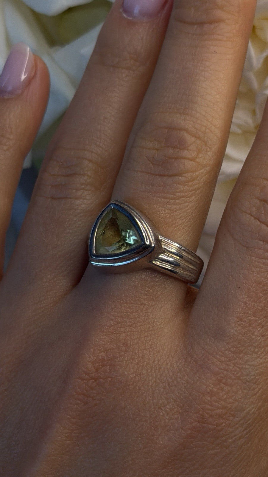 Art Deco 925 Sterling Silver Yellow Green Tourmaline Trillion Ring Size 9