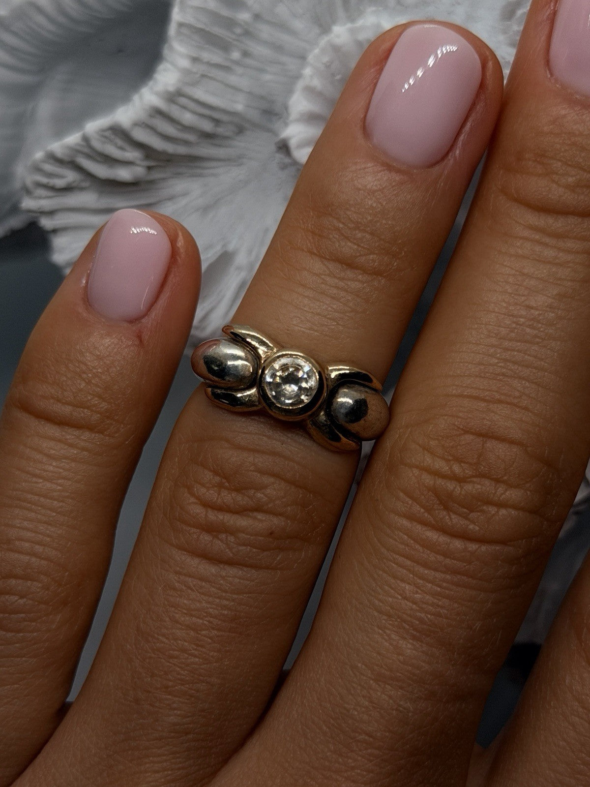 Vintage Two-Tone 925 Sterling Silver & Gold Plated Clear Topaz Ring Size 5
