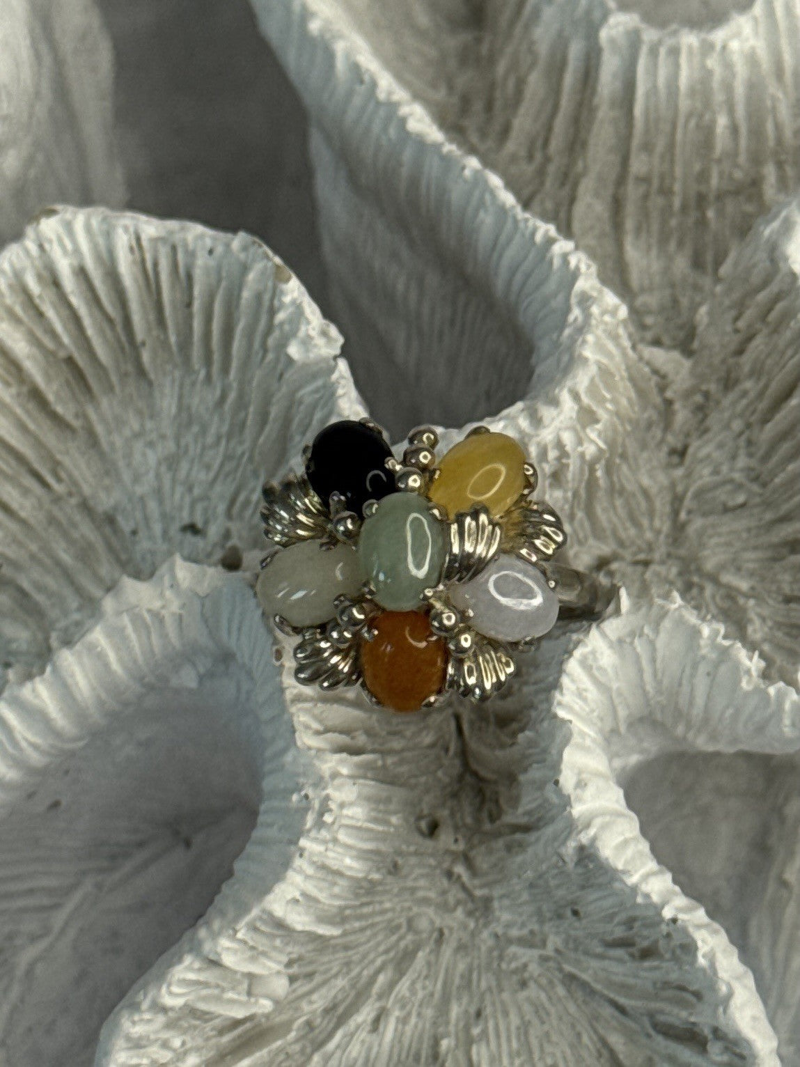 925 Sterling Silver 6 Colors Of Jade Flower Ring Size 8, 9