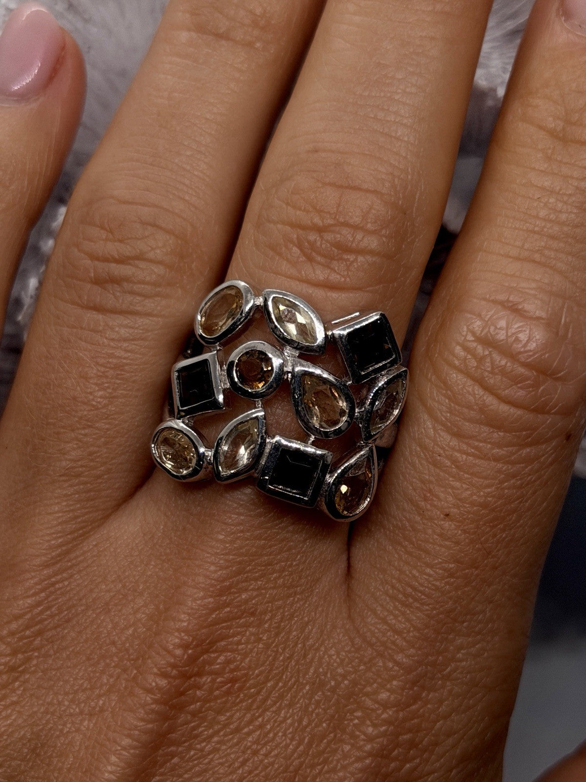 925 Sterling Silver Citrine and Smoky Quartz Color Stones Wide Band Ring Size 9