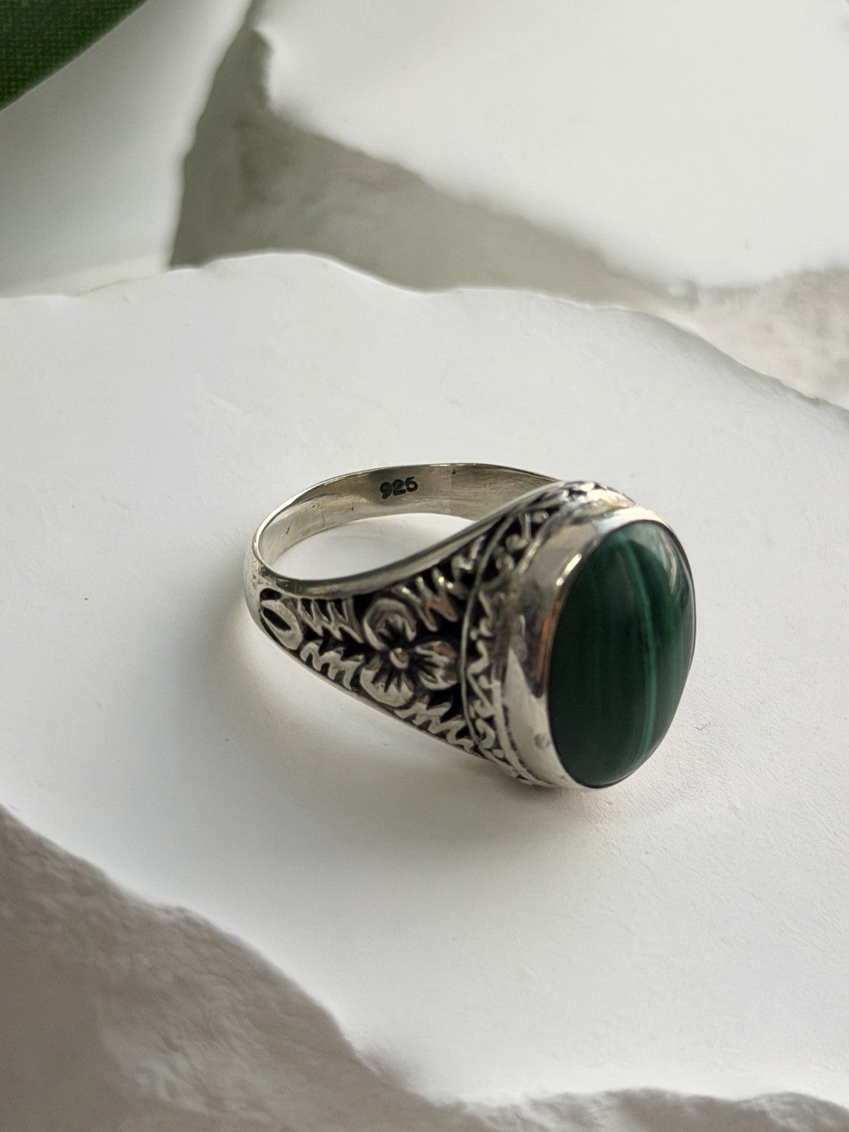 Vintage 925 Sterling Silver Malachite Ring Size 7