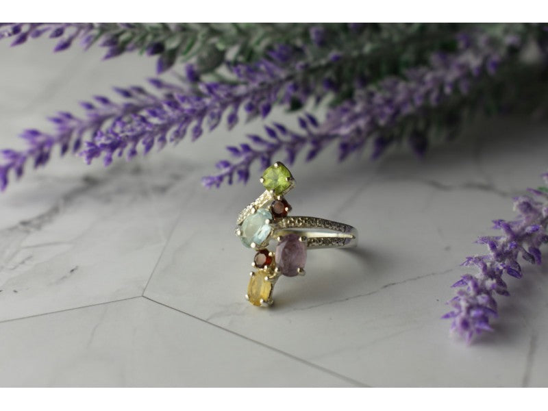 925 Sterling Silver Multi Gemstones Ring Size 8