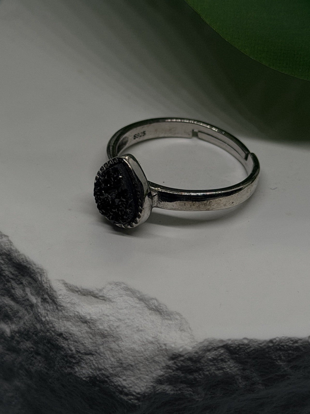 Adjustable 925 Sterling Silver Black Druzy Pear Ring