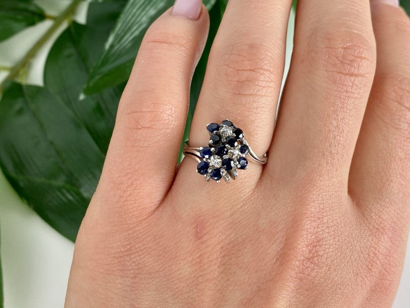 925 Sterling Silver Sapphire & CZ "Flowers" Ring Size 6.75