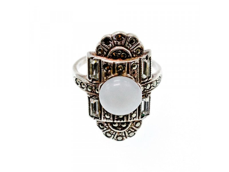 Vintage 925 Sterling Silver Agate, Goshenite & Marcasites Ring Size 5.5