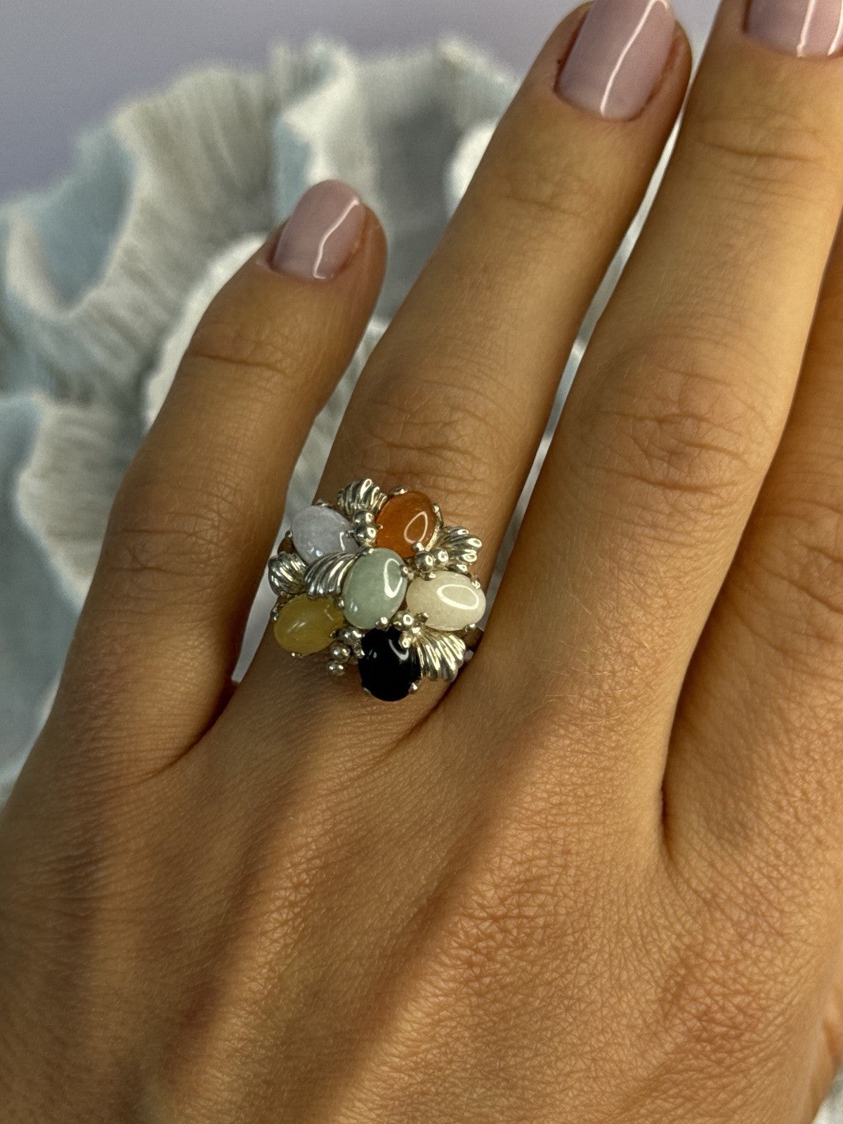 925 Sterling Silver 6 Colors Of Jade Flower Ring Size 8, 9
