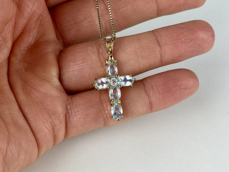 925 Sterling Silver Gold Plated Blue Spinel Chain With Cross