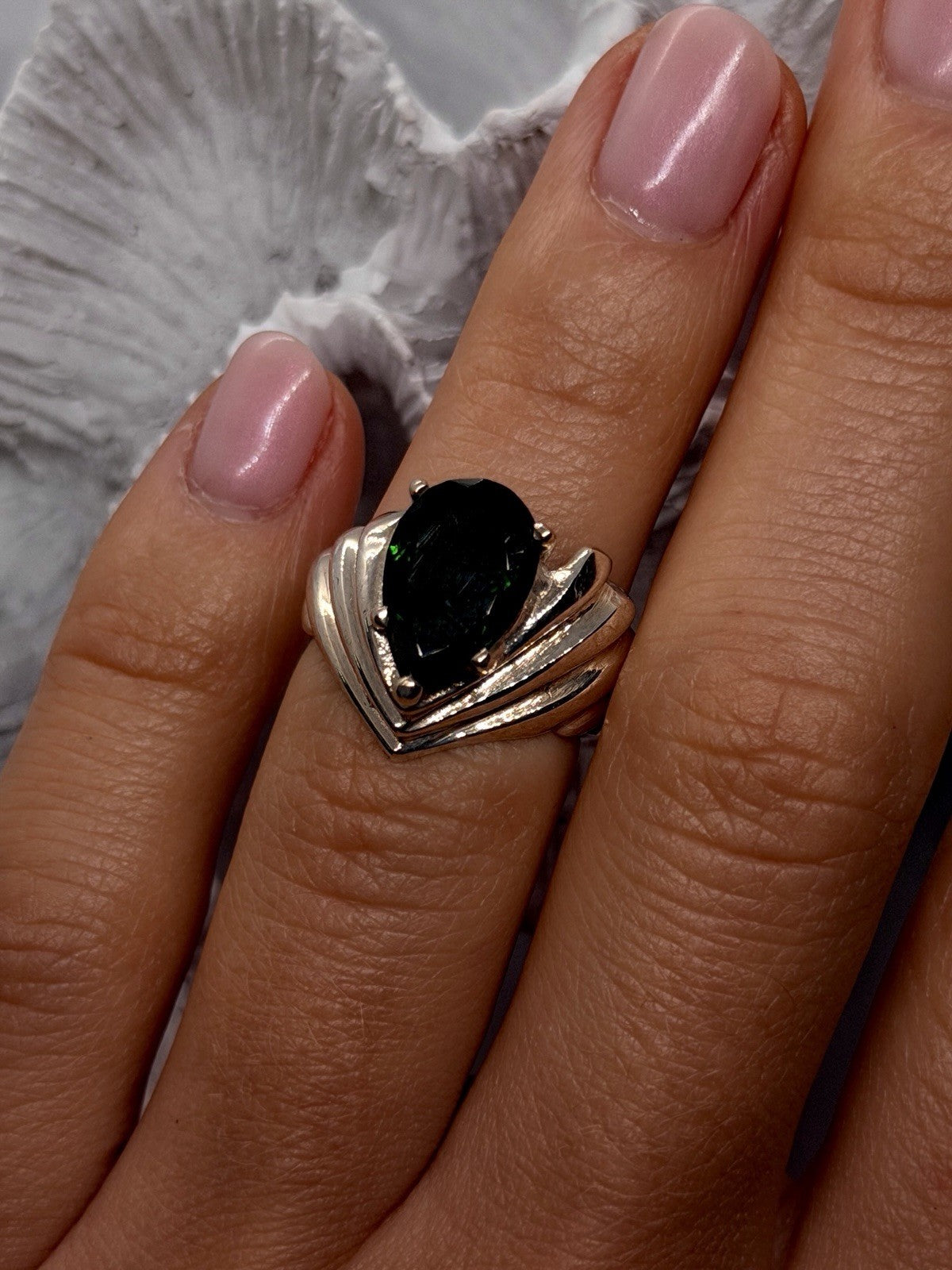 925 Sterling Silver Pear-Shaped Deep Green Tourmaline Ring Size 6