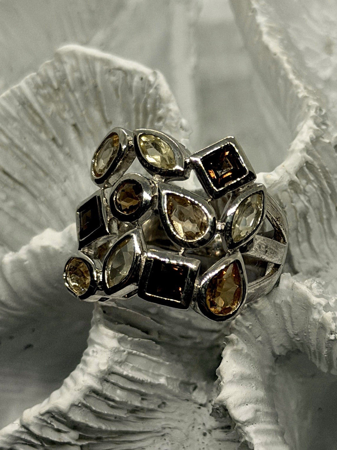 925 Sterling Silver Citrine and Smoky Quartz Color Stones Wide Band Ring Size 9