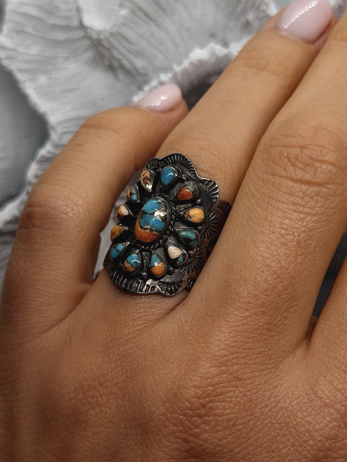 Southwestern Floral 925 Sterling Silver Turquoise Spiny Oyster Ring Size 8