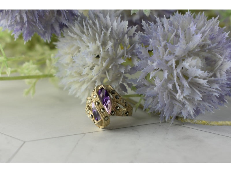 Vintage 925 Sterling Silver Purple Tourmaline & Marcasites Ring Size 6.75