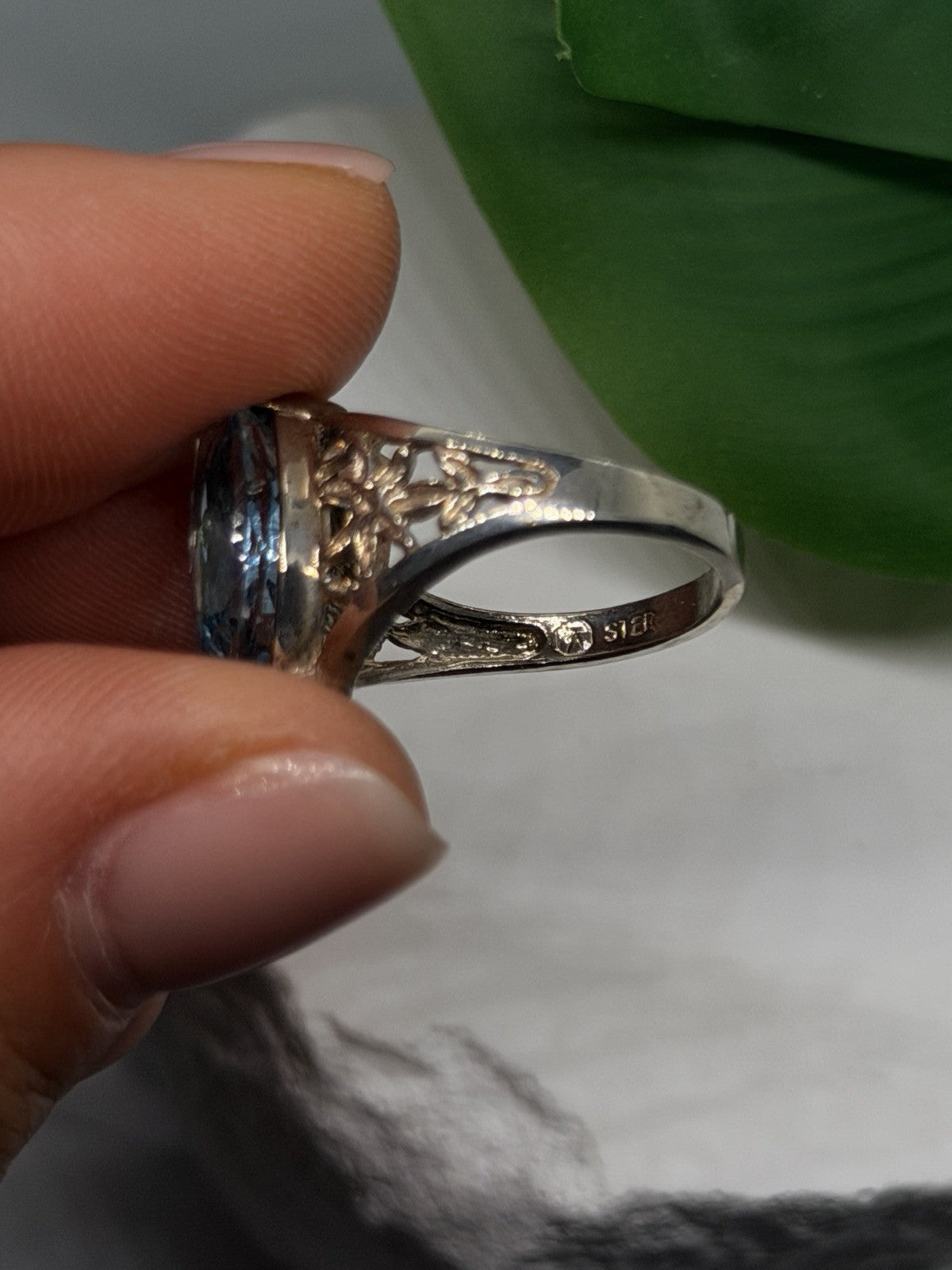 Flowers 925 Sterling Silver Blue Topaz Marquise Ring Size 6