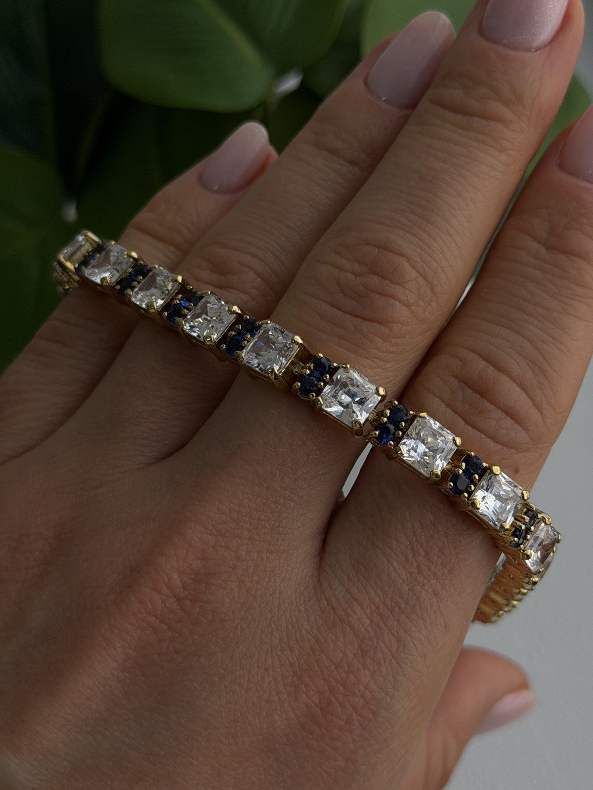 925 Sterling Silver Gold Plated White Colorless & Blue Cz Bracelet 7.5
