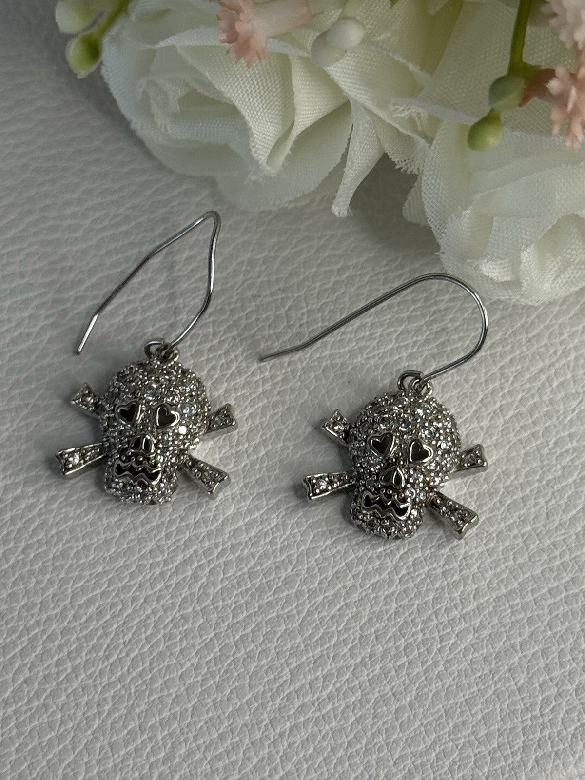 925 Sterling Silver Skull CZ Earrings Length 1.10 Inch