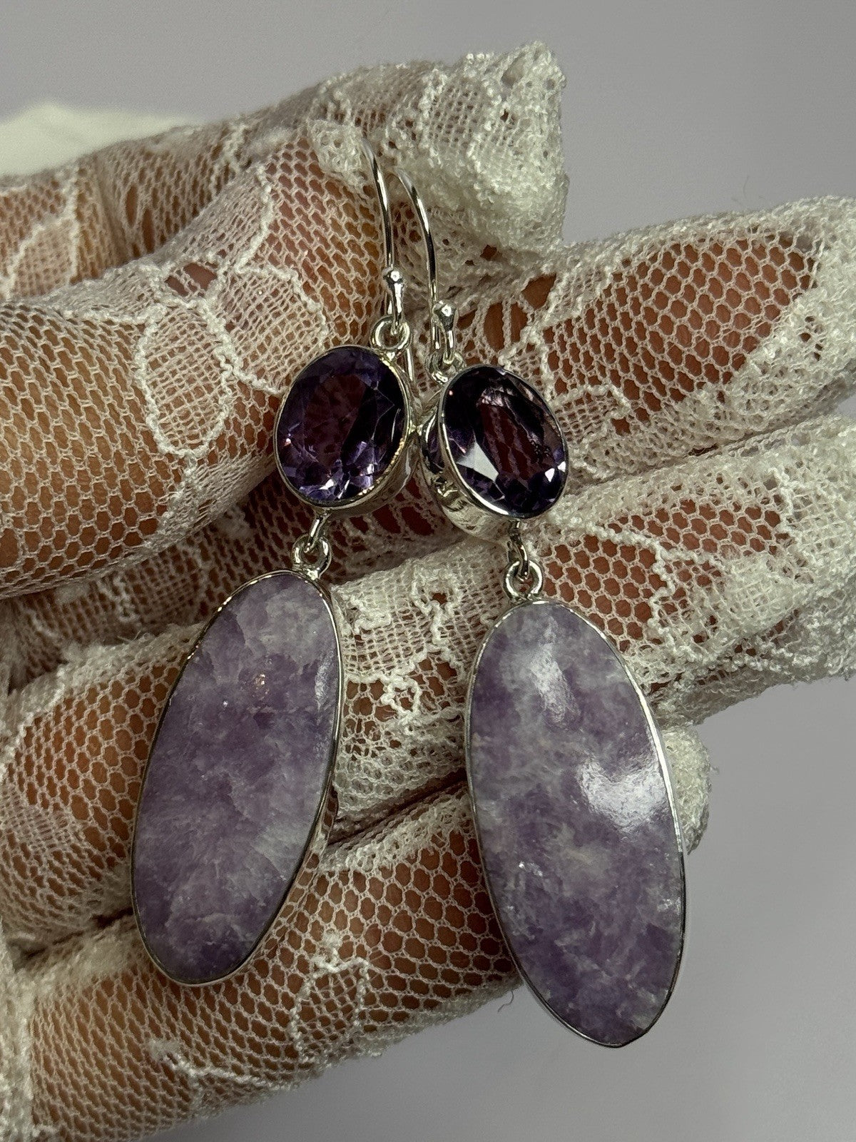 925 Sterling Silver Lepidolite & Amethyst Earrings Length 2.5 Inch