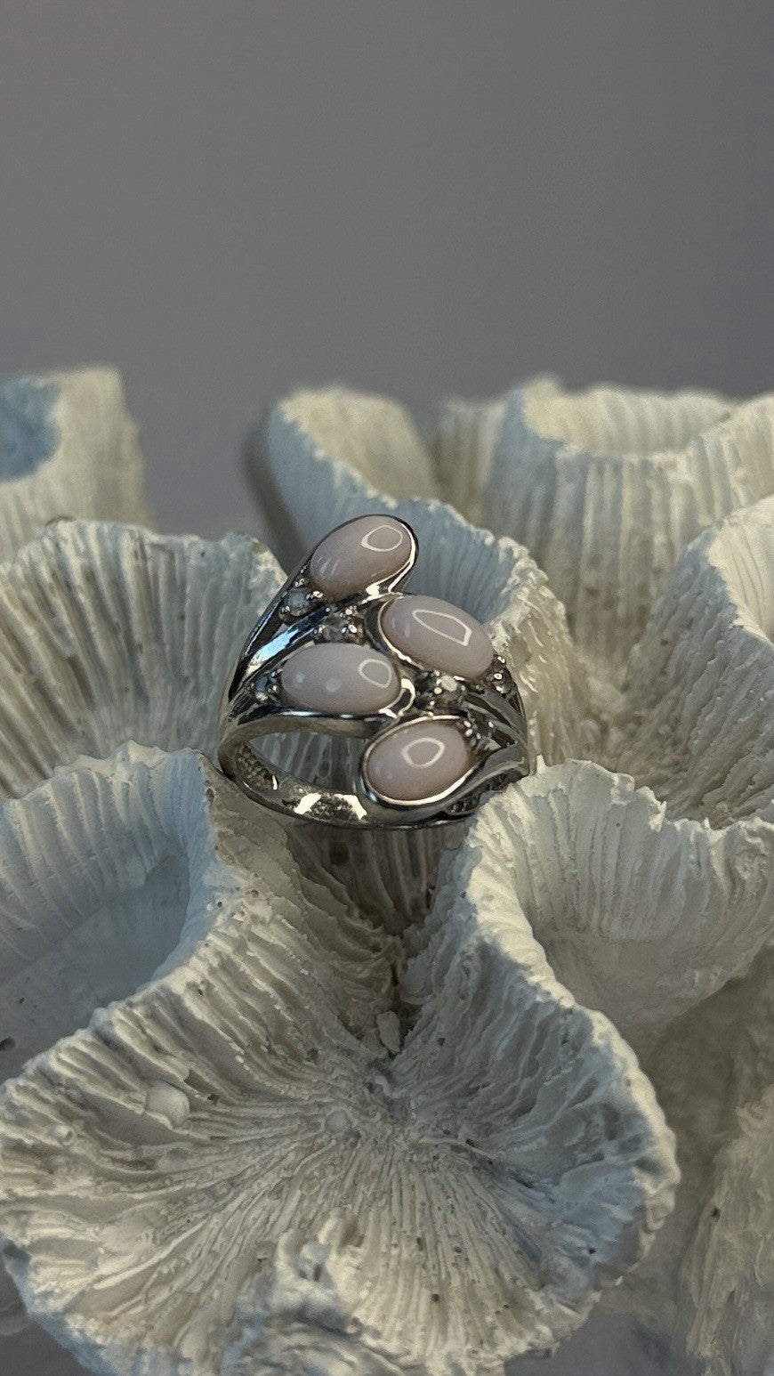 925 Sterling Silver Peruvian Pink Opal & White Colorless Beryl Ring Size 8