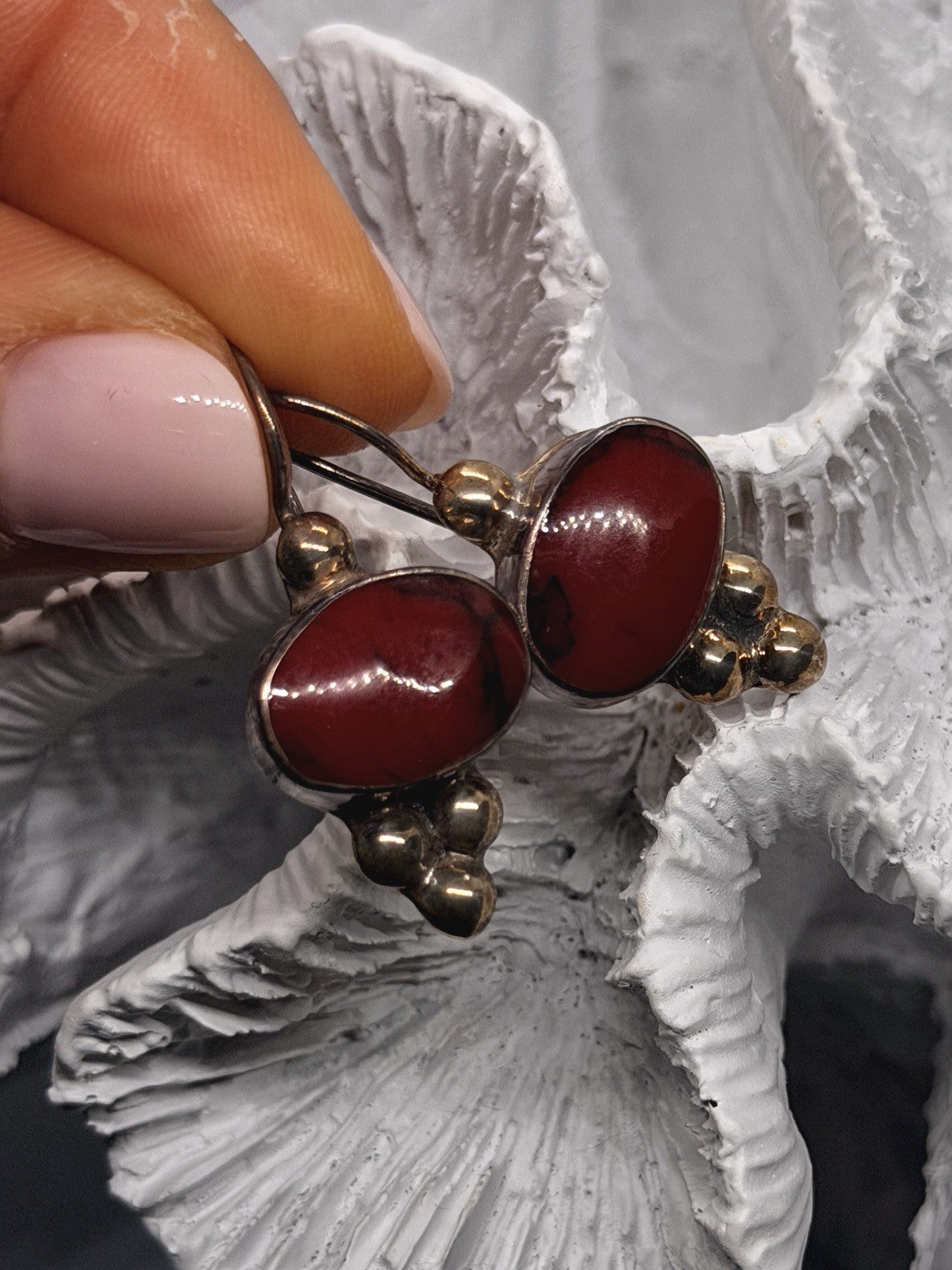Artisan Boho Vintage 925 Sterling Silver Red Jasper Oval Dangle Earrings