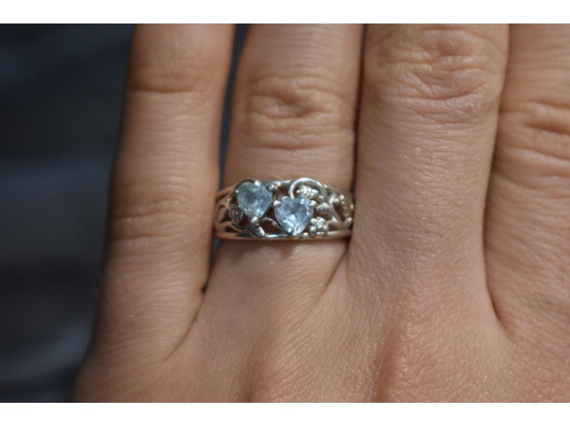 925 Sterling Silver Blue Spinel "Hearts" Ring Size 6.5