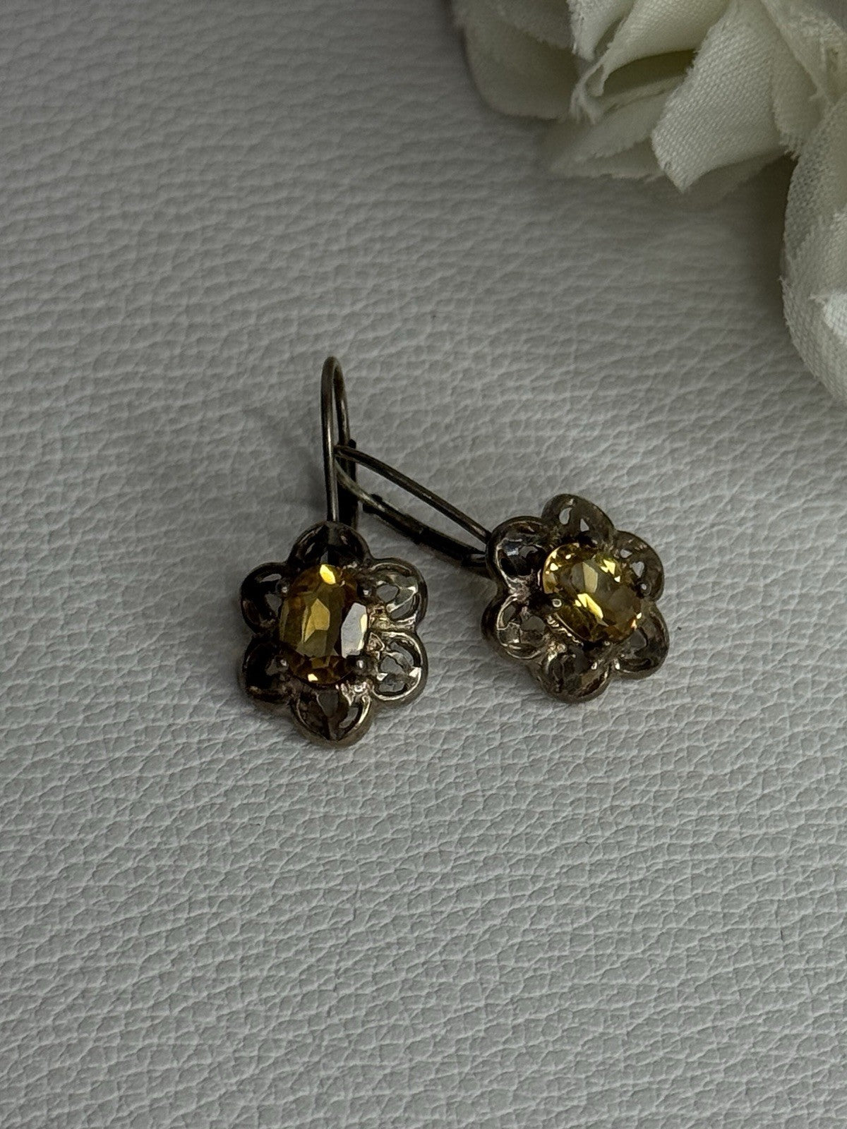 925 Sterling Silver Citrine Flower Earrings Length 1 Inch