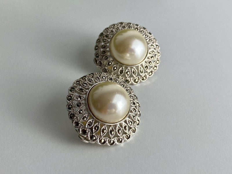 Vintage 925 Sterling Silver Pearl & Marcasites Clip-On Earrings
