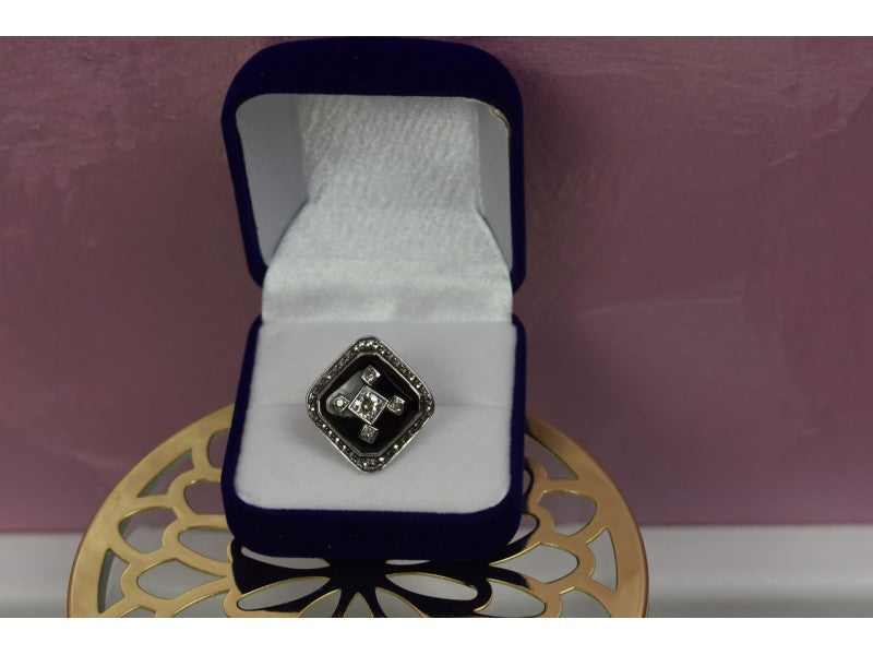 925 Sterling Silver Black Jade, Colorless Sapphire & Marcasite Ring Size 5.5