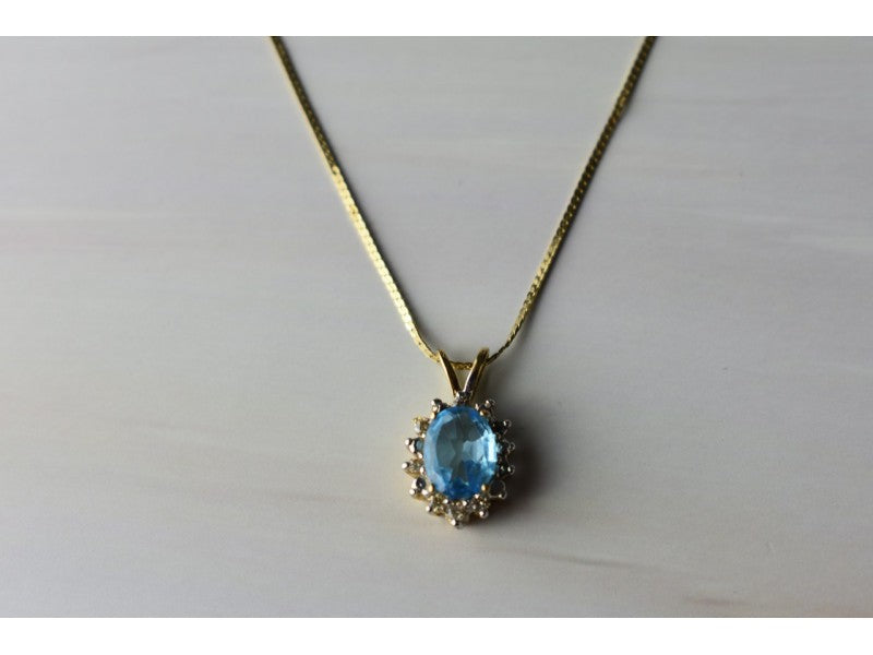 14K Yellow Gold Blue Spinel & CZ Chain With Pendant